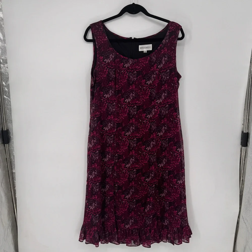 Studio I Dress & Cardigan Set Womens 12 Magenta Floral Ruffle Good 2pc Modest